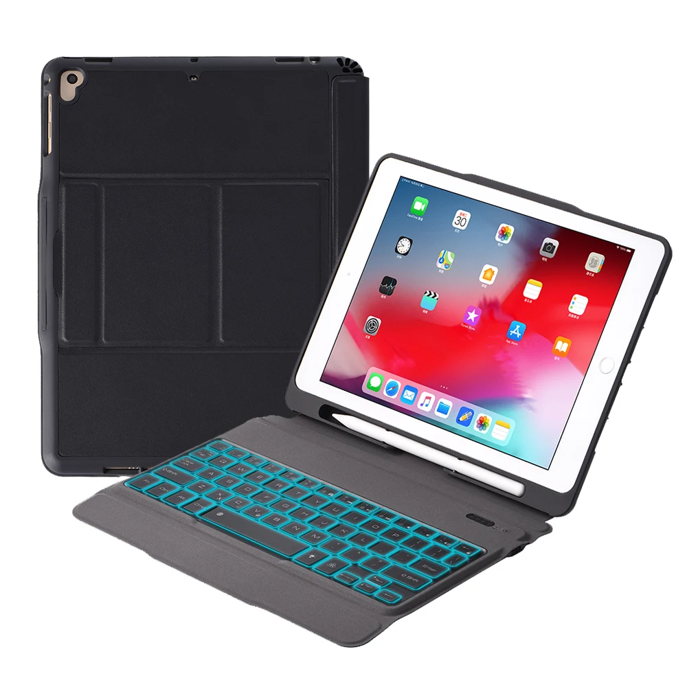 Bluetooth клавиатура с из искусственной кожи чехол для iPad Air 1 2 iPad Pro 9,7 дюймов Bluetooth клавиатура 7 цветов с подсветкой водонепроницаемый