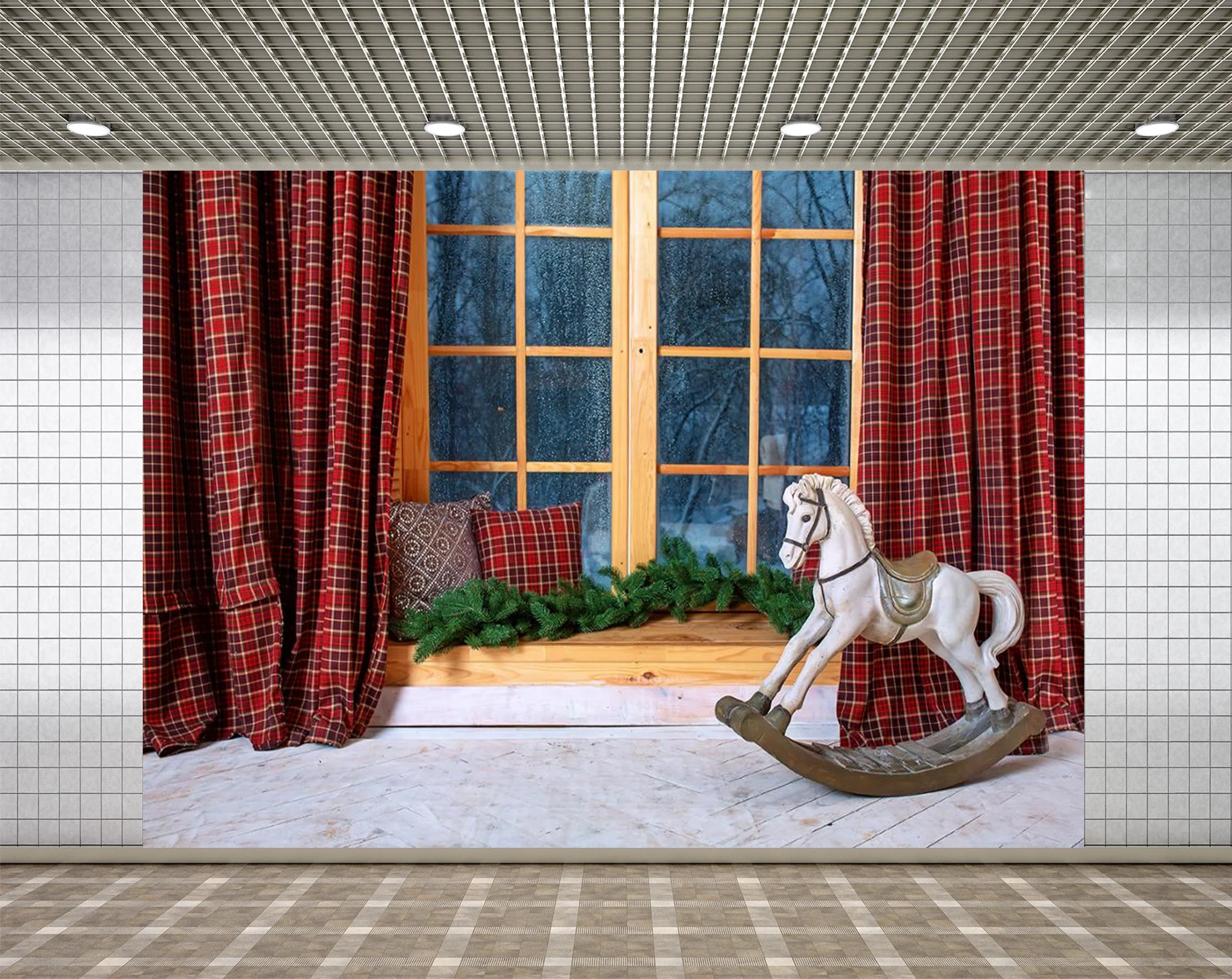 

Lyavshi Рождественский фон интерьер красная занавеска окно снежинки лесные деревья счастливый год фон дети фото студия реквизит