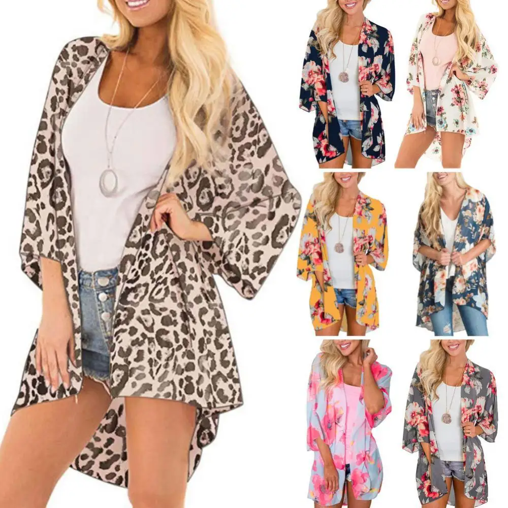 

Women Floral Leopard Print Half Sleeve Shawl Cardigan Bikini Cover Up Blouse Top Long Sleeve Summer Beach Kimonos Cardigan