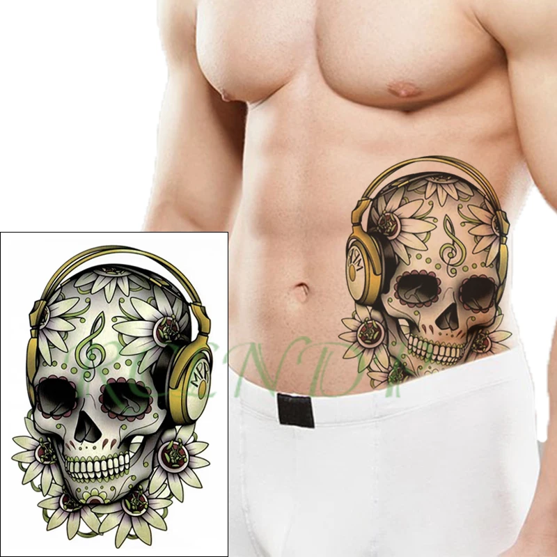 Водостойкая Временная тату наклейка Череп цветок музыкальные ноты гарнитура