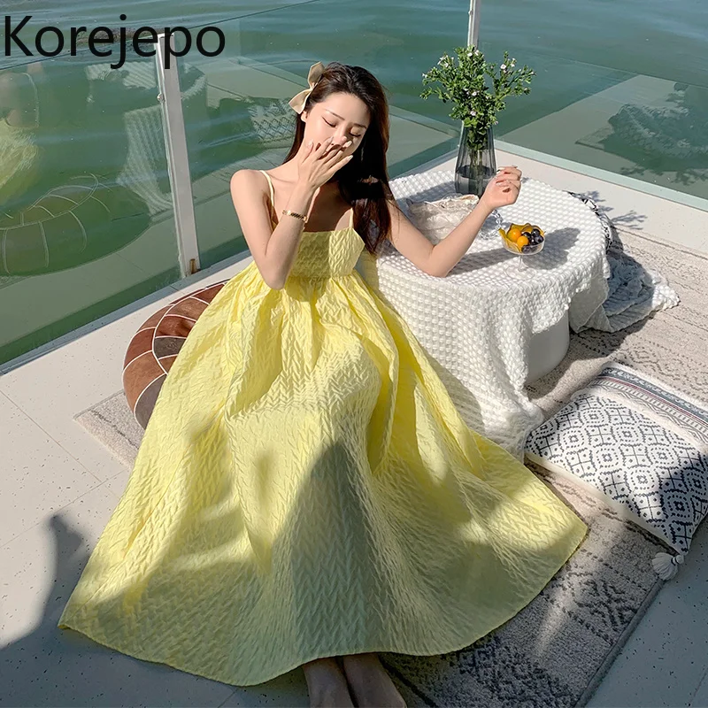 

Korejepo Women Spaghetti Strap Dress 2021 Summer New Sweet Fairy Seaside Vacation Beach Yellow Solid Strapless Sling Long Dress