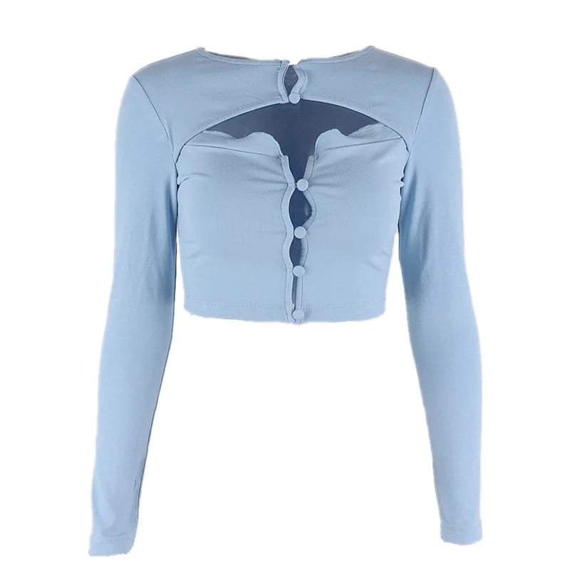

Autumn Retro Sexy Independent Cropped Tops Fashion Long-sleeved Hollow Blue T-shirts Basic Slim Y2k Style Tops Clothes for Women