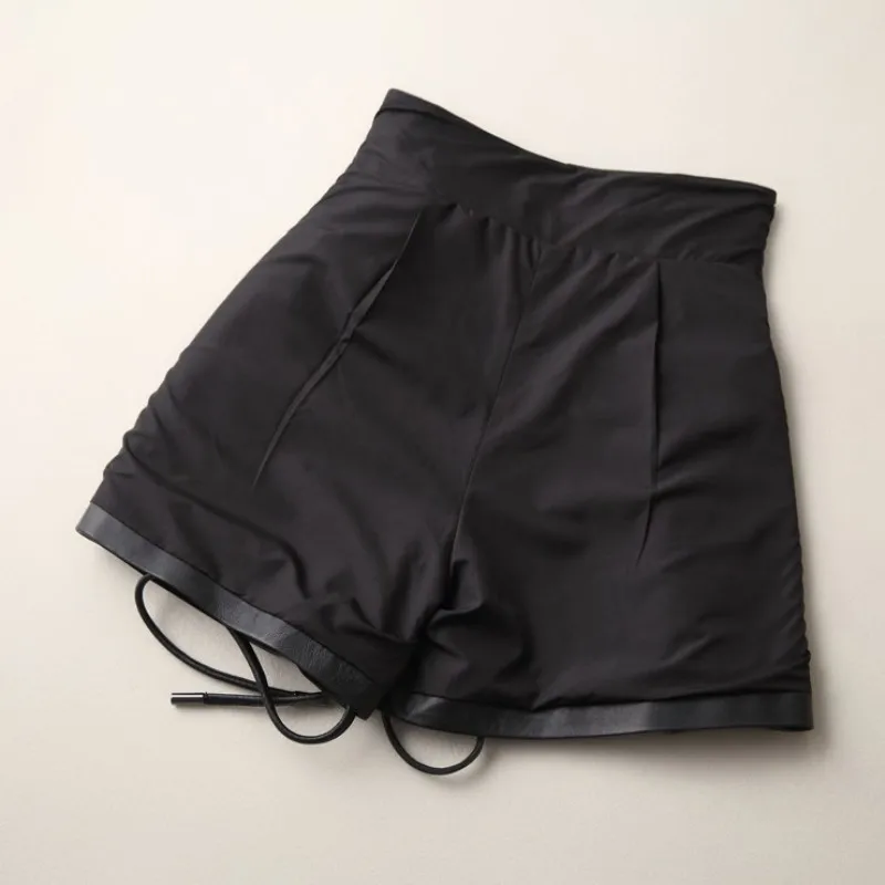 Real Genuine 100% Leather Shorts New 2021 Spring Fall Lace Up Sheepskin Shorts Women Size 2XL Free Shipping Wide- legged Shorts