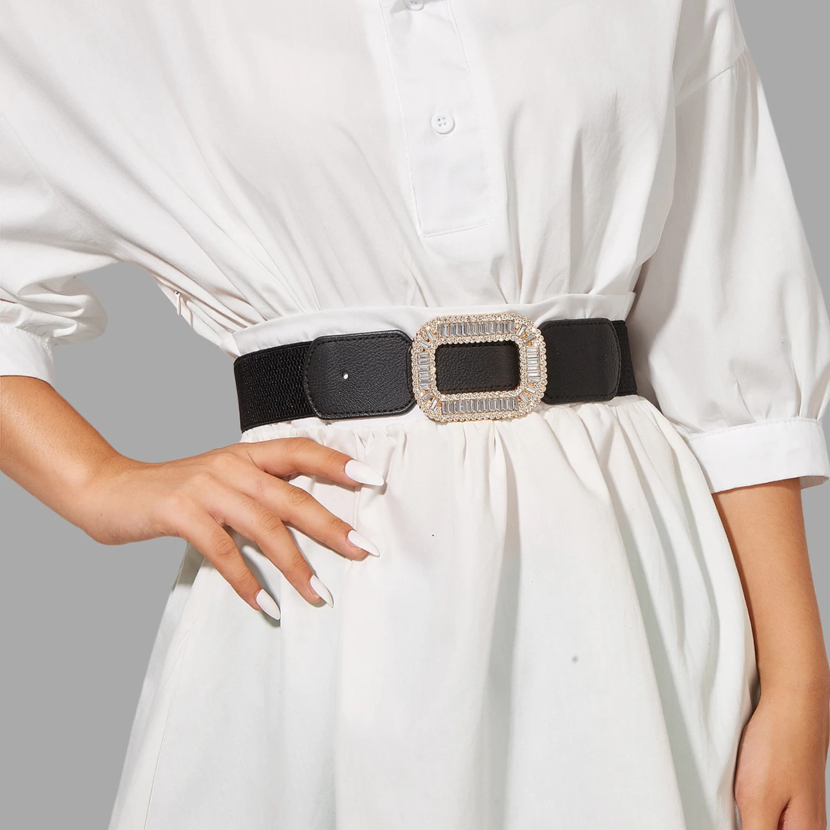 Simple And Versatile Women's Dress With Diamond Metal Square Buckle Decoration Shirt And Suit Elastic Waist Girdle