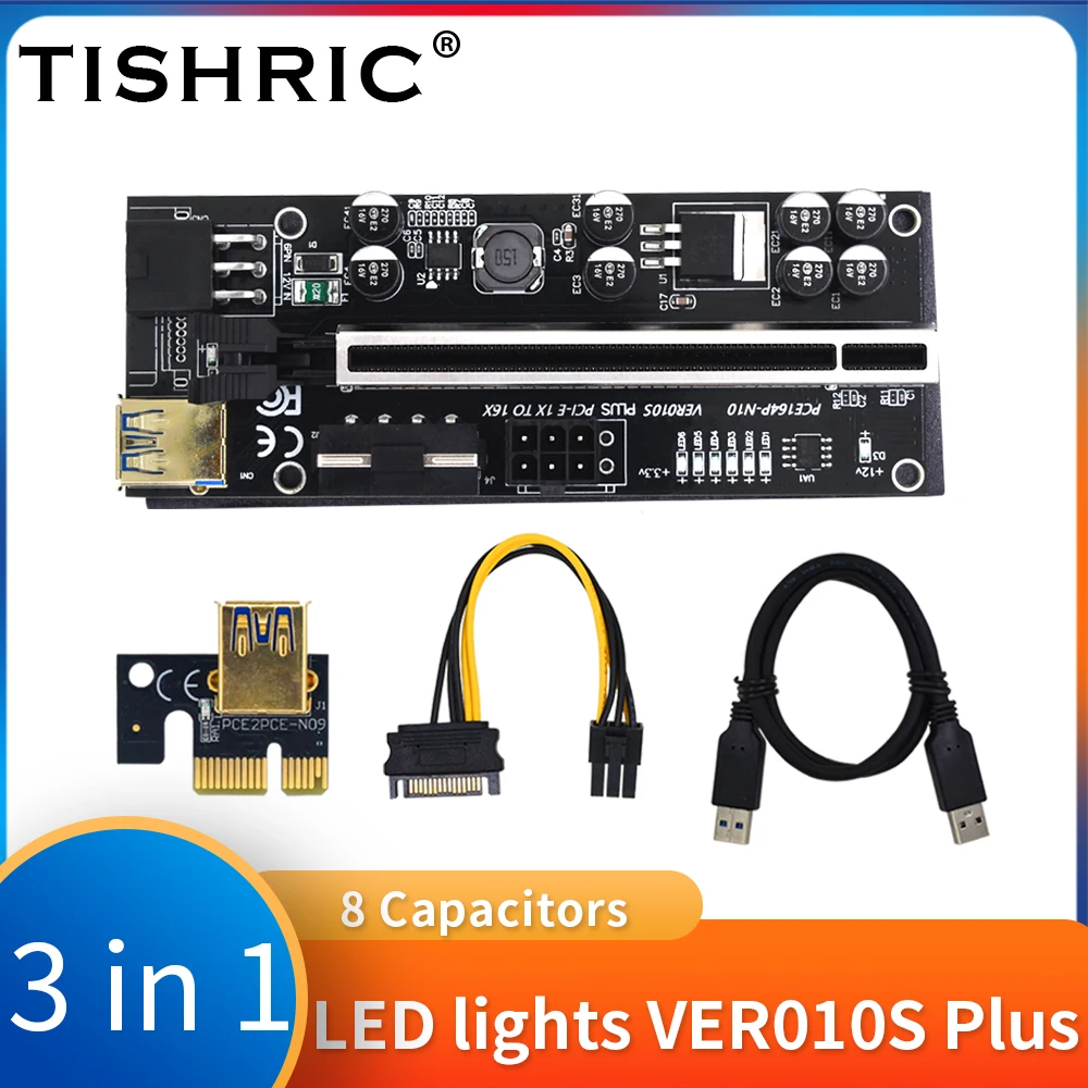 

TISHRIC VER010S PCIE Riser 010s Plus Cabo Riser SATA 15pin to 6pin Power Pci Express X16 Extender GPU Riser Card For Mining