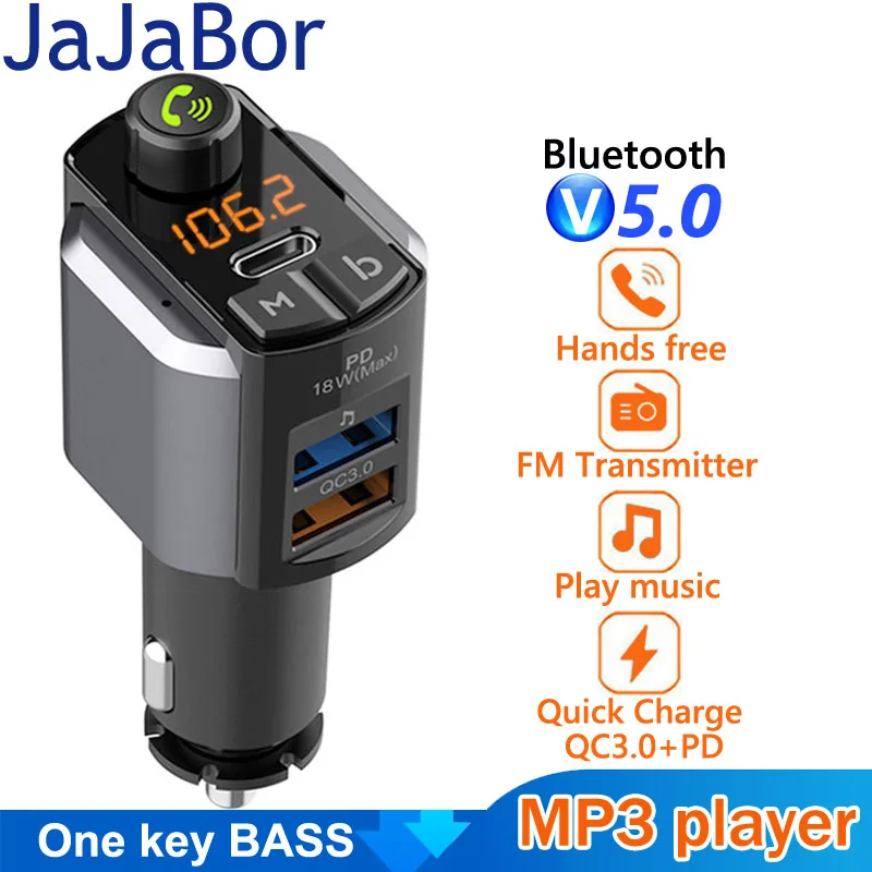 

JaJaBor Bluetooth 5.0 Car Kit Handsfree Calling FM Transmitter Car MP3 Player Dual USB PD18W + QC3.0 Quick Charge Car Charger