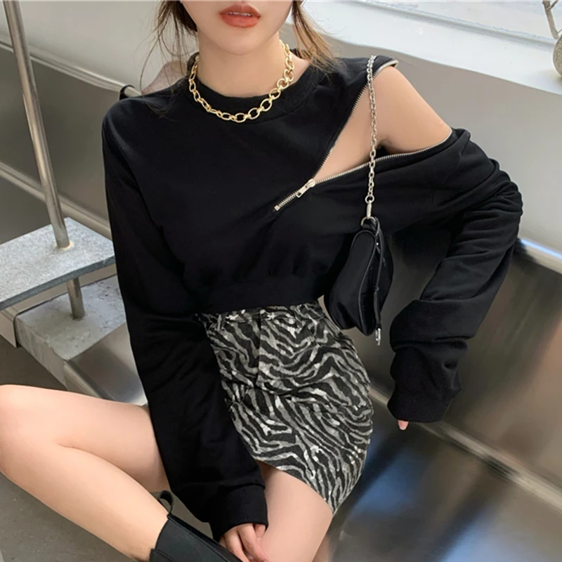 

Черные весенние толстовки с капюшоном на молнии, женские укороченные свитшоты с длинным рукавом, шикарные элегантные пуловеры, пикантная у...