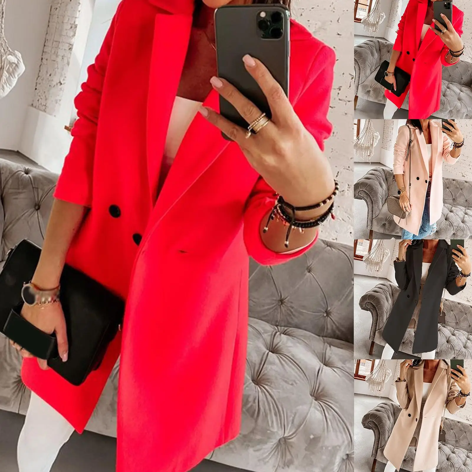 Женское длинное пальто на пуговицах повседневная однотонная куртка с отложным