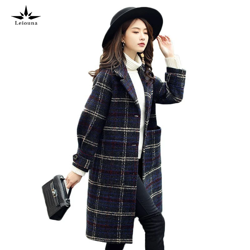 

Leiouna Casual Plaid Square Collar Woollen Office Lady Fashion Female Overcoat Femme Winter Autumn Long Coat Women Parka Coats