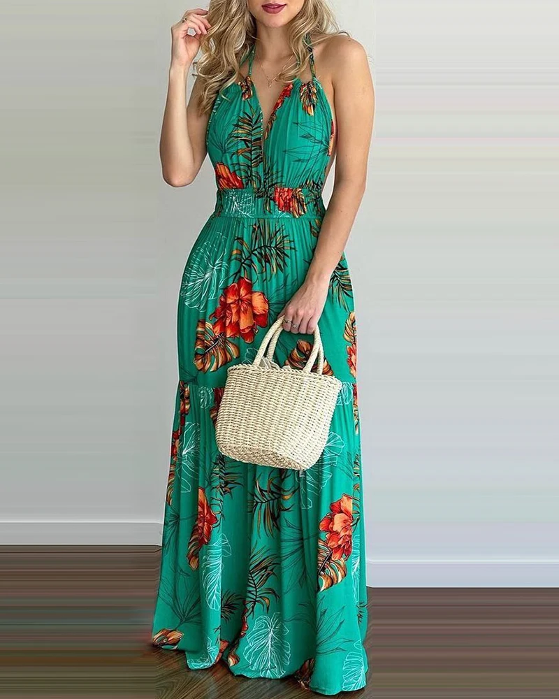 

Women Elegant Off Shoulder Long Party Dress Autumn 2021 Vintage Chain Print Maxi Dresses Lady Sexy Short Sleeves Beach Dress