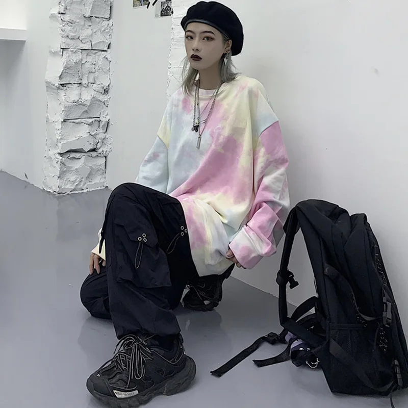 

Autumn Tie dyed Pullover Loose Hip Hop Sweatshirt Vintage Harajuku Long Sleeve Shirt O Neck College Student Oversize hoodies
