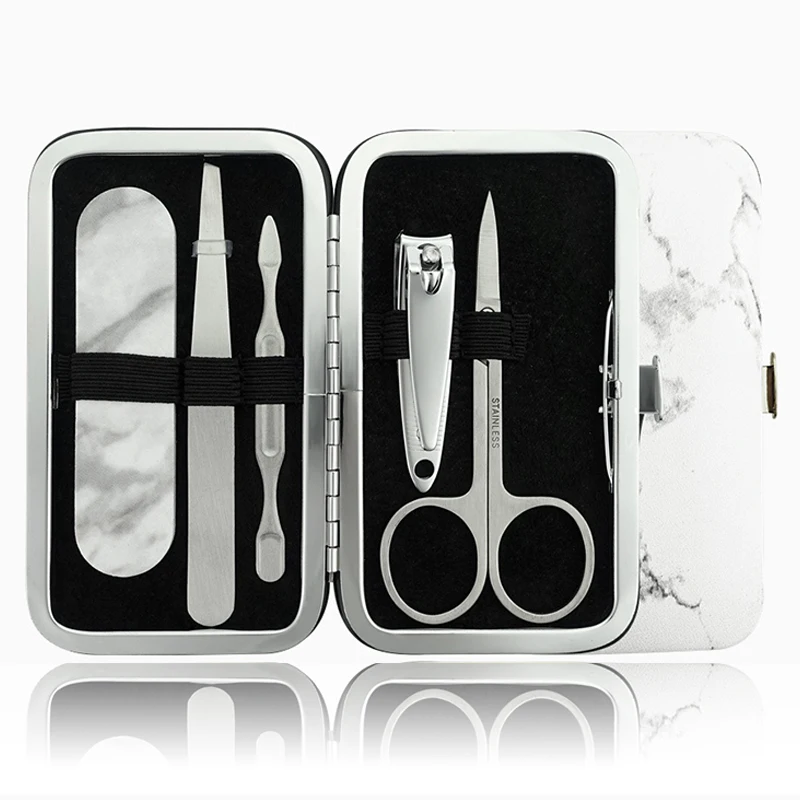 

5 PCS Nail Clipper Marble Kit Black Stainless Steel High Hardness Curve Edge Nail Cutter Scissor Tweezer Manicure Pedicure Tools