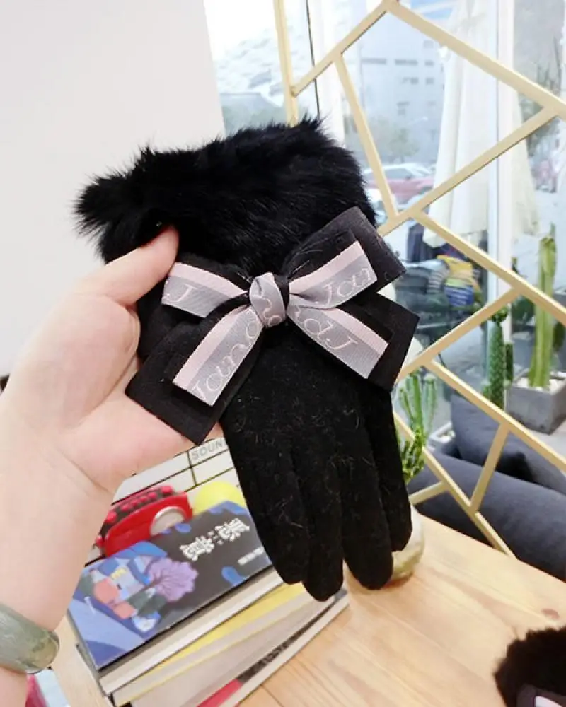 Женские кашемировые перчатки с кроличьим мехом корейская мода зимние теплые