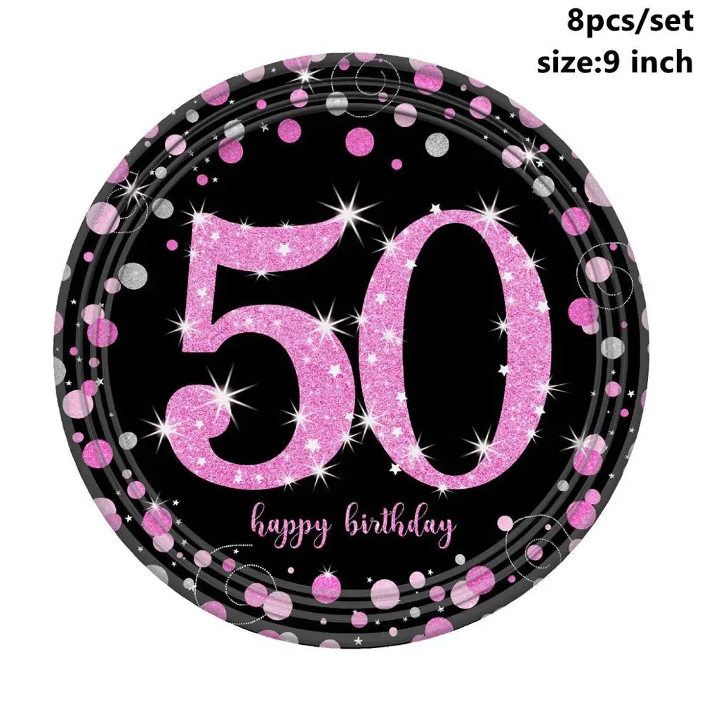 Pink 9inch Plates CHZLL, Черное золото, 50-ая одноразовая посуда, тарелки для полотенец, чашки для стола, одноразовая посуда для вечеринок, 50 предметов для дня рождения - Цвет: Pink 9inch Plates
