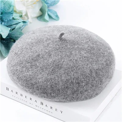 Light Gray Женские Зимние береты, шапка в стиле художника, женские шерстяные винтажные береты, однотонные кепки, женская шапка, теплая прогулочная шапка - Цвет: Light Gray
