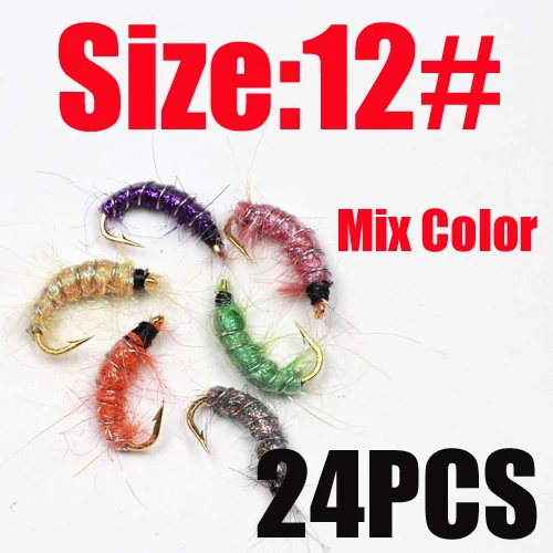 24PCS Size 12 Bimoo 24 шт. размер#10#12#14 несколько цветов рыболовные крючки в виде мухи для ловли форели Scud креветки Scud Cezch Fly Fishing Fly Nymphs - Цвет: 24PCS Size 12