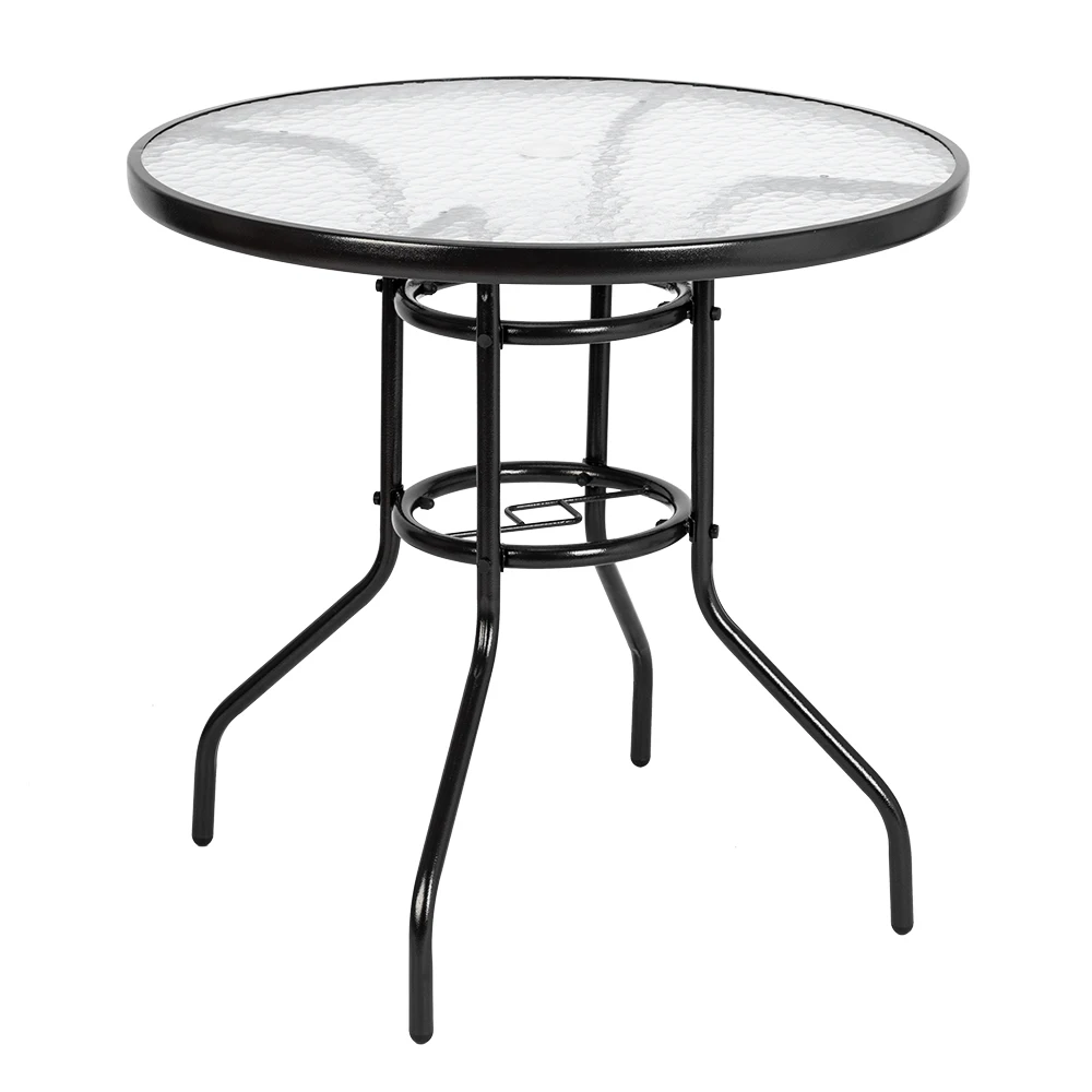 

Outdoor Dining Table Round Yard Garden Toughened Glass Table Dark Chocolate Easy to Assemble Clean[US-Stock]