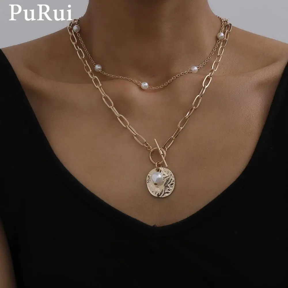 

PuRui Baroque Pearl Coin Pendant Choker Necklace for Women Gold Color Long Chain Necklace Goth Vintage Layered Pearl Jewelry