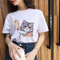 2021 ver%c3%a3o mulheres t shirts beijo um gato bonito impresso camisetas casuais topos kawaii branco t camisas para meninas roupas f
