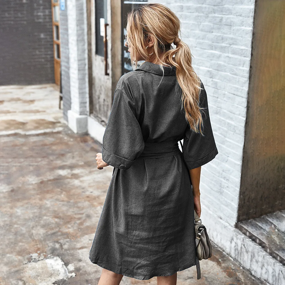 

fashion trend Women Half Sleeve Denim Dresses Single-breasted Bow Sash Slim Casual Dress Women Split Autumn Midi Dresses