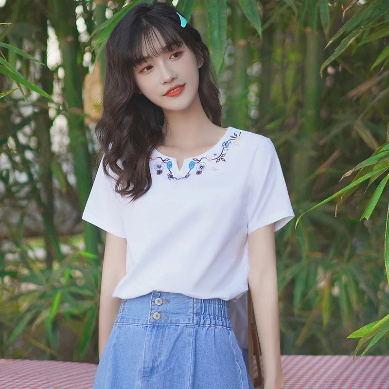 

Chic Khaki 2021 Summer New Loose Student Embroidered Short-Sleeved T-shirt Women's Korean-Style Cotton Retro Artistic Top