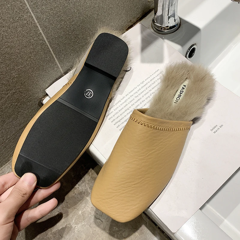 

New Plus Size Warm Plush Winter Women Shoes Woman Slippers Slip On Soft Pu Solid Color Faux Fur Sewing Slippers Female Slides