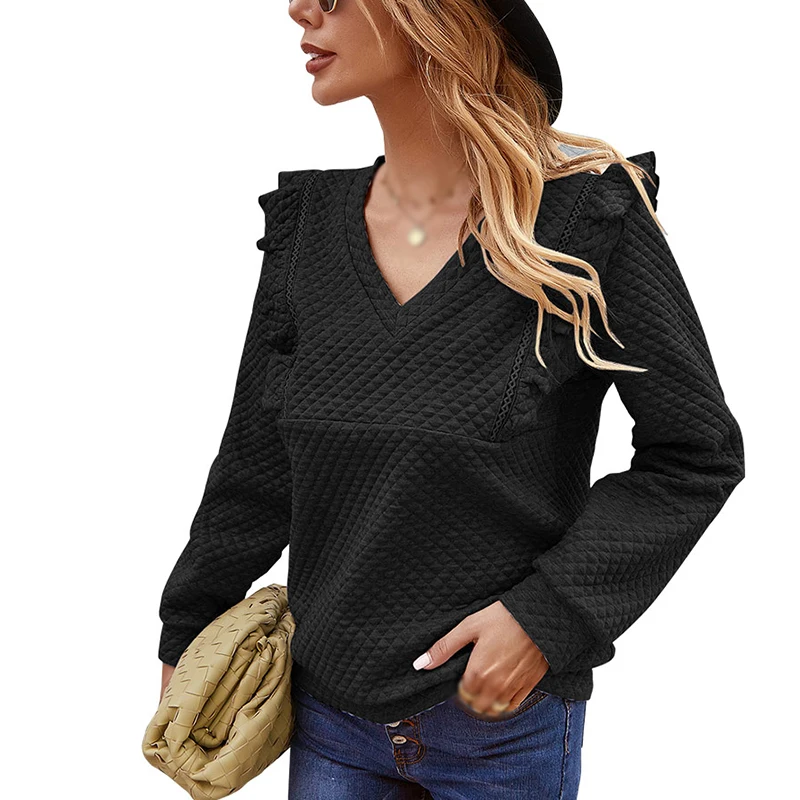 

Women's Fashion Pullovers Long Sleeve Quilted Pattern Solid Casual Sweatshirt Shirt Top LOKIUJ1