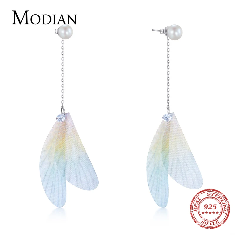 Modian чистый 925 стерлингового серебра Красочные перо Висячие серьги модные