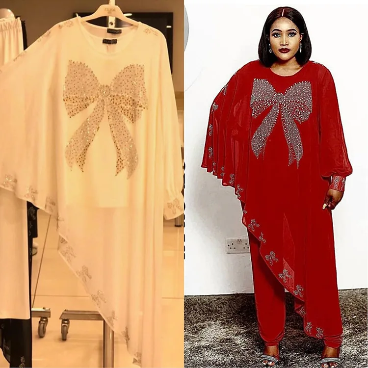 

African Women Long Sleeve White Red Three Pieces Sets Coat Inner and Pant African Clothes Women