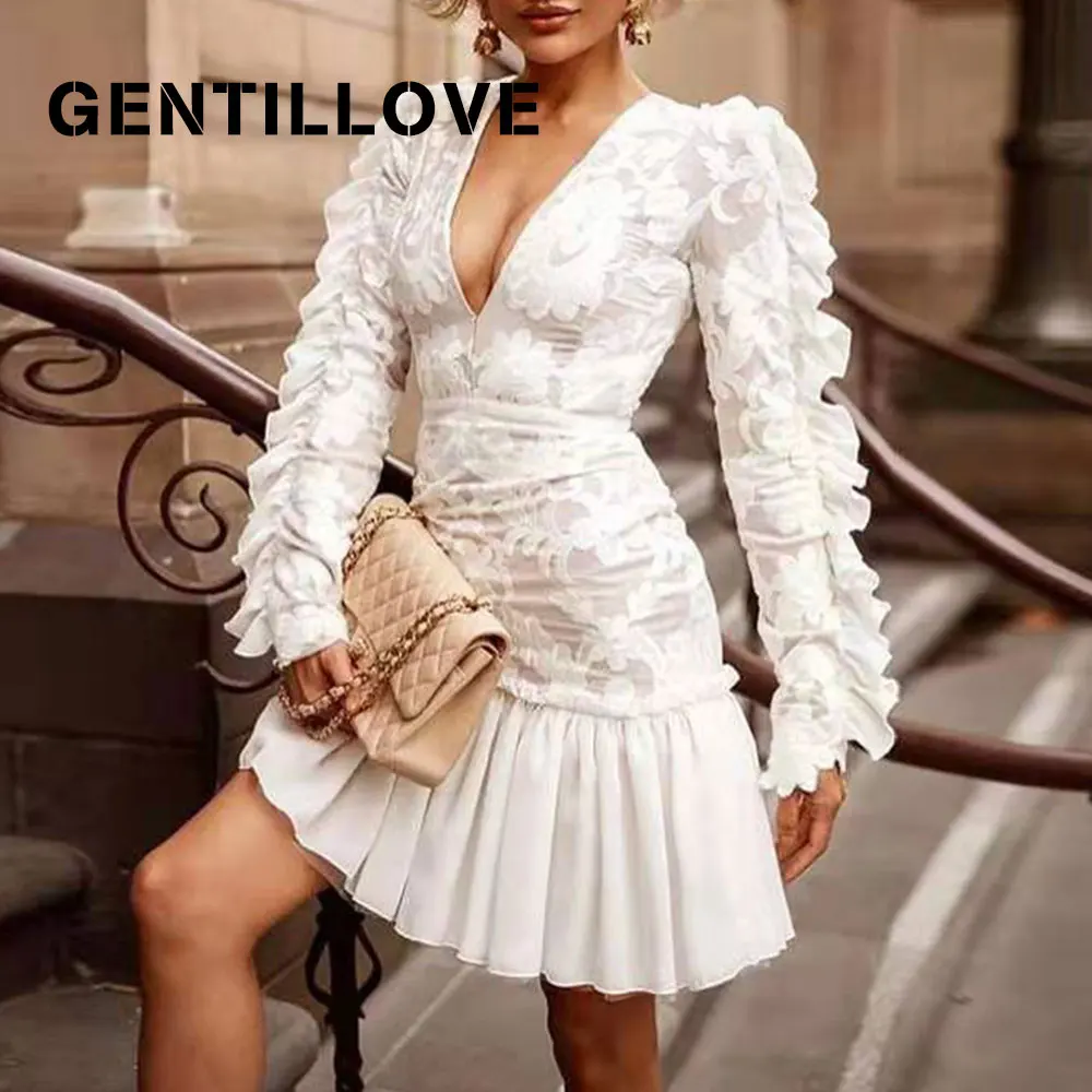 

Элегантное кружевное мини-платье Gentillove с цветочной вышивкой, длинным рукавом и глубоким V-образным вырезом, сексуальная сетчатая Клубная од...