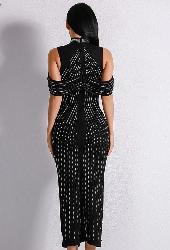 

New High-Quality 2020 Women's Clothing Wholesale Black White Crystal Long Medium Long Dress Banquet Club Dress