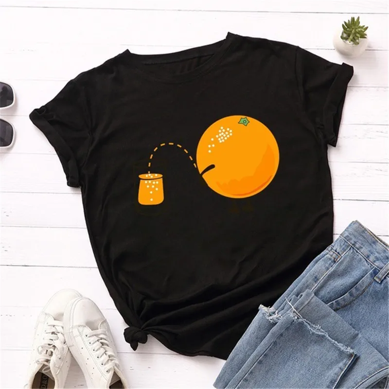 

Summer Women's T Shirt Short Sleeve Casual Korean Style Female T-shirt Funny Orange Print Harajuku Fun Cute O-neck Tops Tees