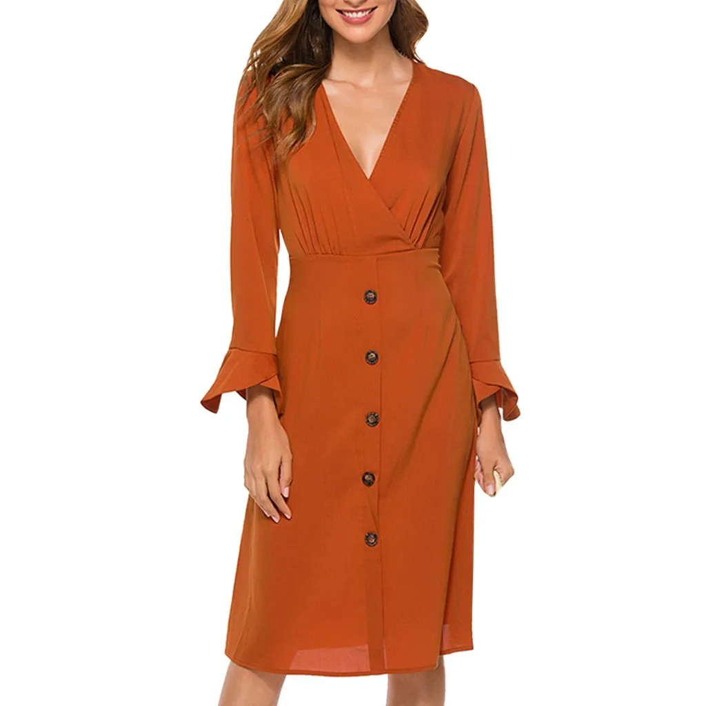 Платье женское осенне зимнее однотонное с V образным вырезом и длинными