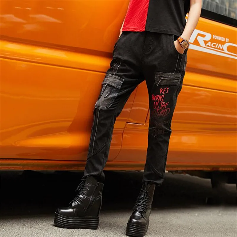 Джинсы женские эластичные с большими карманами уличная одежда в стиле панк брюки