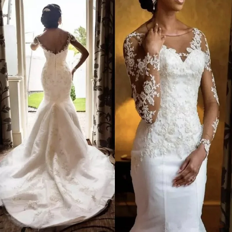 

Mermaid wedding dress lace appliques flower robe de mariee elegant sweat heart long sleeve wedding gowns mermaid bridal gown