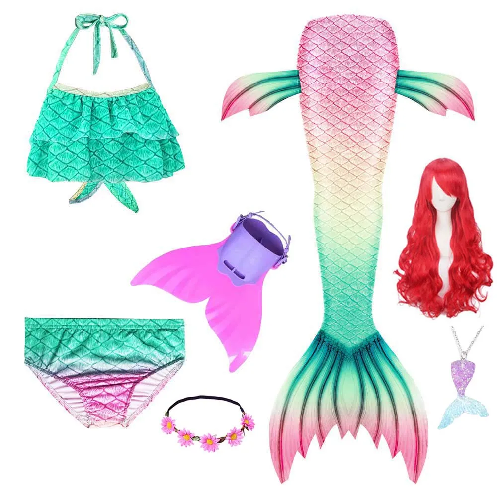 New Hot Girls Swimming Mermaid Tail Costume Kids Cosplay with Monofin/Fin Flower Halloween Christmas Wig | Тематическая одежда и