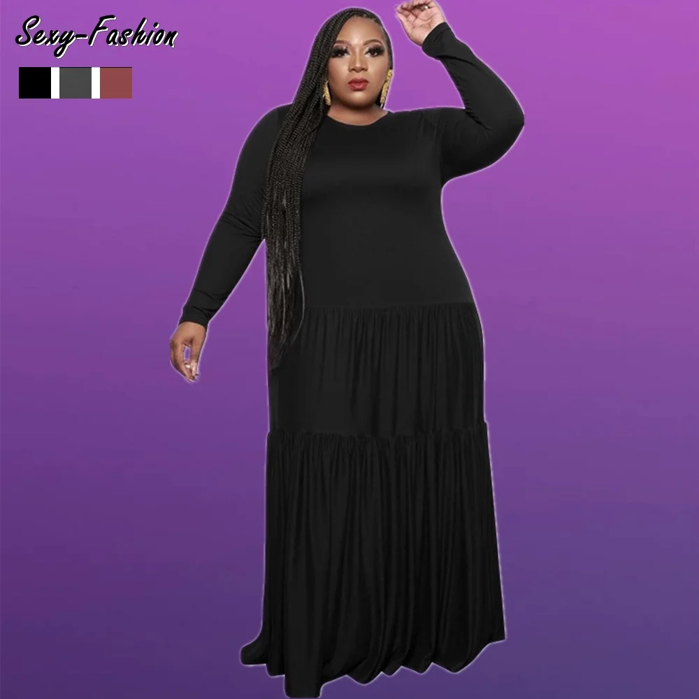 

Somoshein Pleated 5xl Long Sleeve Plus Size Casual Dresses For Women 2021 Fall Clothes Ladies Loose Maxi Dress Crew Neck