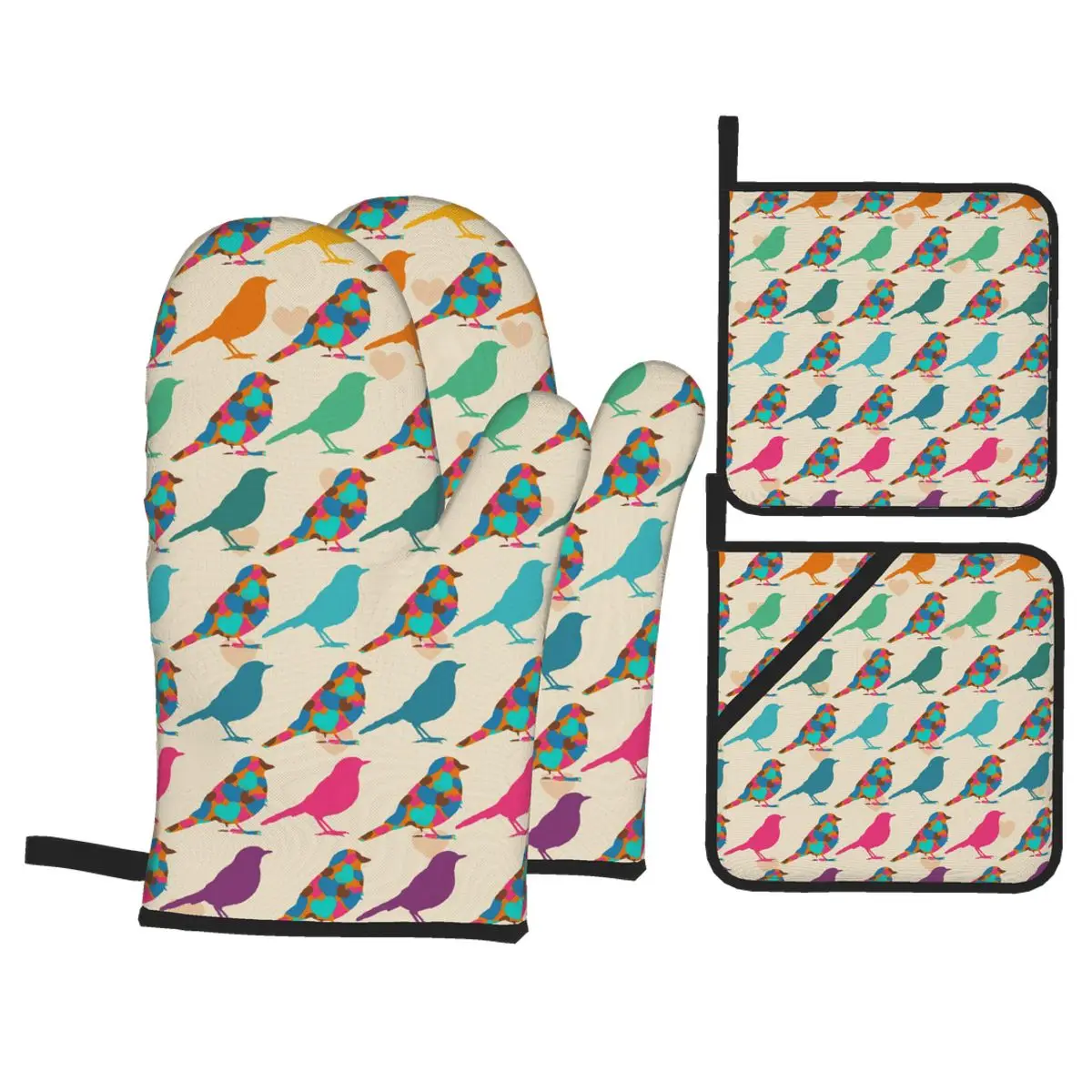 

4 Set of Kitchen Gloves Insulation Colorful Birds Spring Pattern Pad Cooking Microwave Gloves Baking BBQ Oven Potholders Mitts