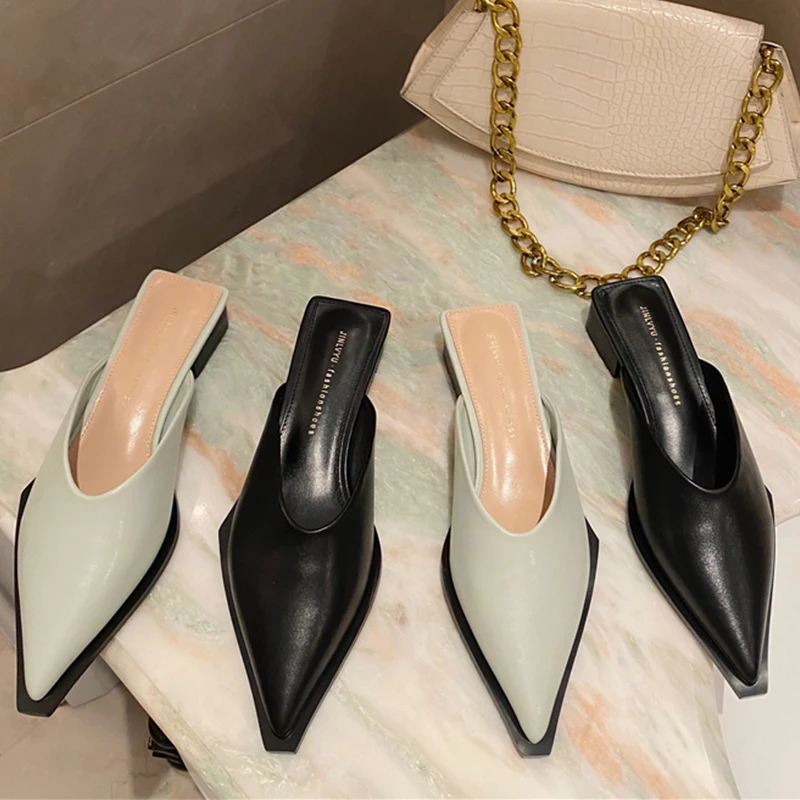 Мюли женские на квадратном каблуке простые туфли заостренный носок квадратная