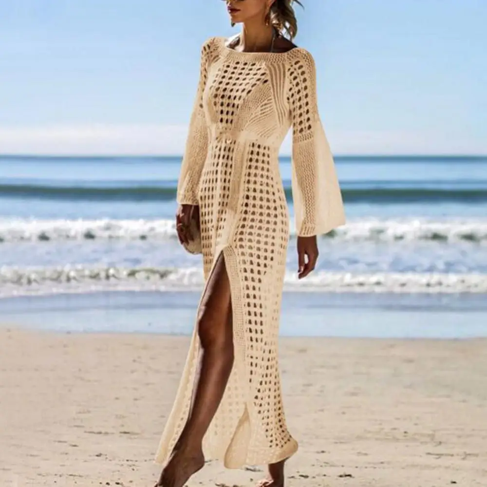 

Hot！2022 Summer Women White Knitted Beachwear Cover up Hollow Knitted Long Sleeve High Split Bikini Cover Up Maxi Dress