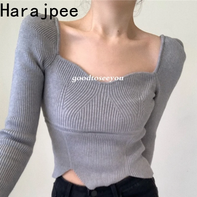 

Harajpee Knitted Pullovers Square Collar Slim Bottoming Shirts Solid All-match Korean Chic Spring Autumn New Women Sweater Tops