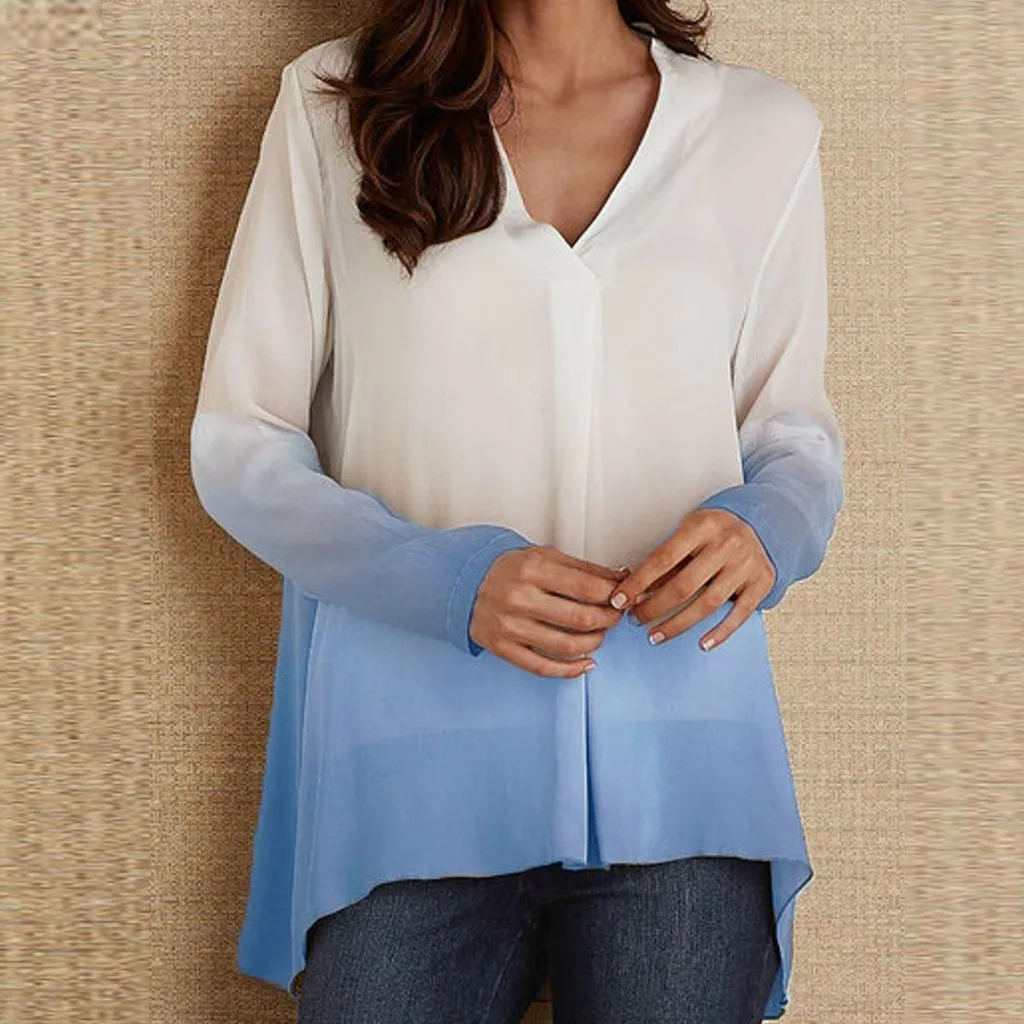 Женские топы и блузки со страусом Однотонные с v-образным вырезом длинным рукавом