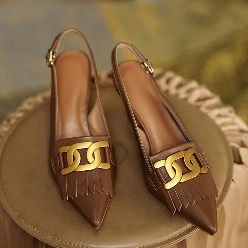 

Women's genuine leather thin high heel pointed toe slingback slip-on pumps big chain decoration fringe elegant ladies dress shoe