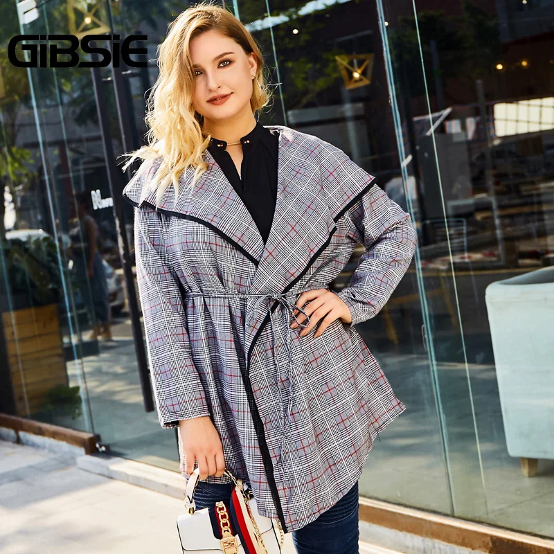 GIBSIE новинка 2020 весенний модный клетчатый Тренч Женское пальто плюс размер v
