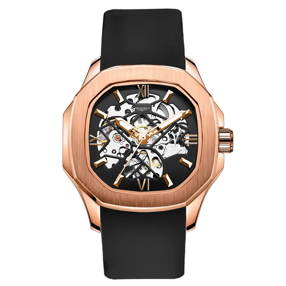 

Francisco Men's Sport Mechanical Watces Stainless Steel Silicon Strap Waterproof Roman Luminous Skeleton Automatic Watch