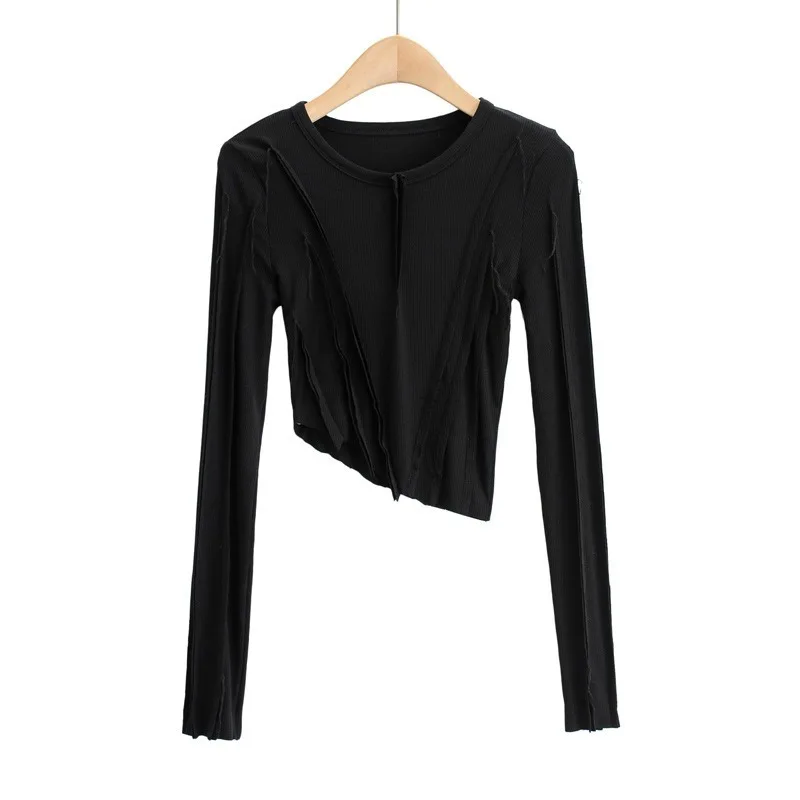 

Spring 2021 New Line Irregular Sexy O-Neck Long-sleeved T-shirt Women's Ins Solid Elastic Sports Undershirt Tops Female