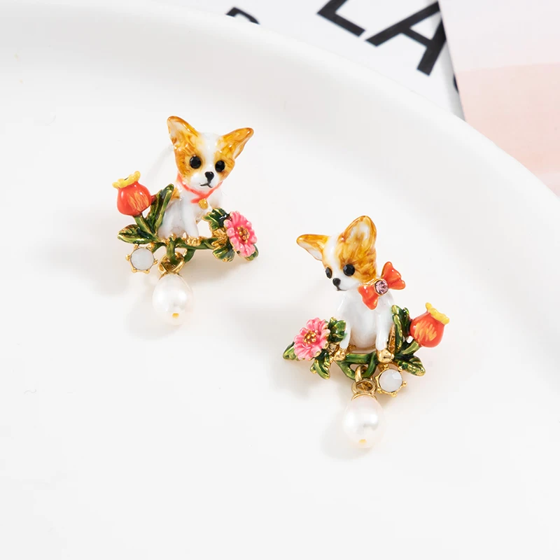 

Jaeeyin 2021 Fashion Jewelry Animal Dog Earrings, Fresh Water Pearl Dangle Small Flower Cute Gift For Children Women Girls
