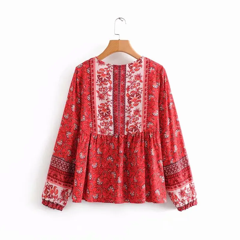 Boho Chic Женские топы, винтажные свободные блузки с цветочным принтом, женские пляжные рубашки с круглым вырезом и длинным рукавом, Blusas Mujer