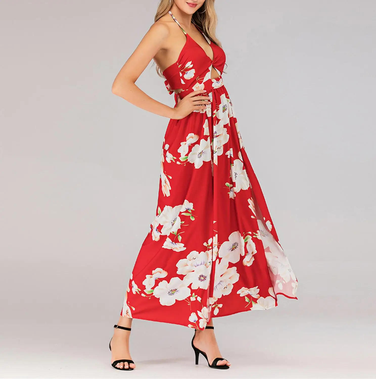 Летнее красное пляжное платье с принтом женское сексуальное длинное на