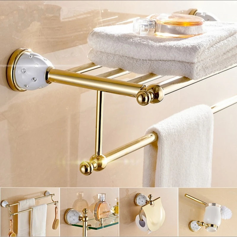 Diamond Star Bathroom Accessories Set Solid Brass Gold Wall-mounted Bathroom Crystal Ceramic Base Bathroom Products